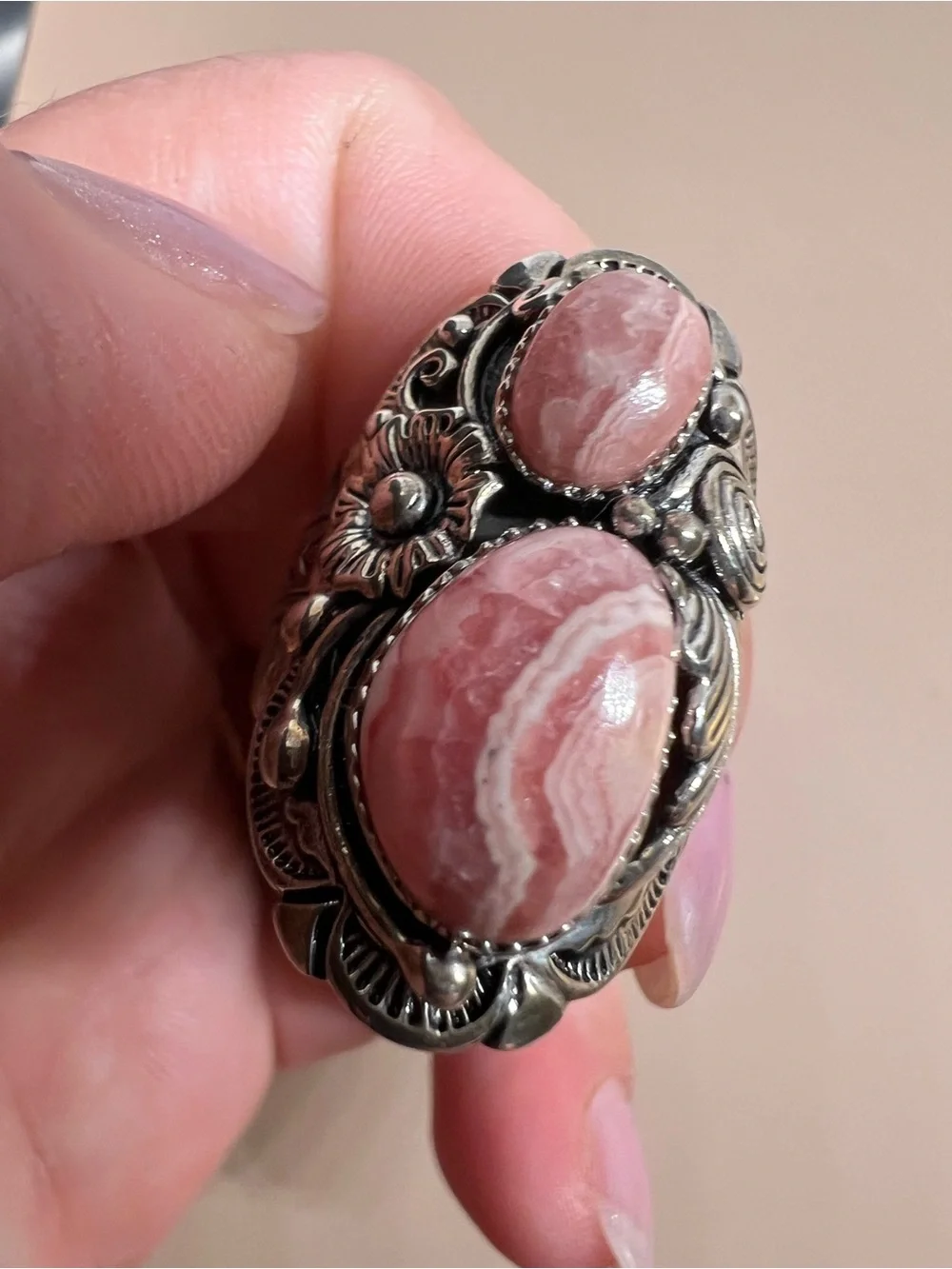 Sterling Silver Pink Rhodochrosite Statement BBJ Ring